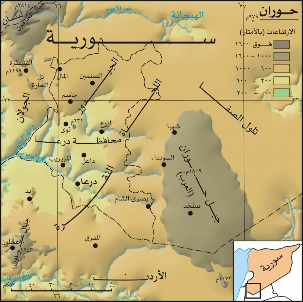 خارطة تبين حدود منطقة حوران التي كانت تاريخياً ضمن مملكة الأنباط الأردنية